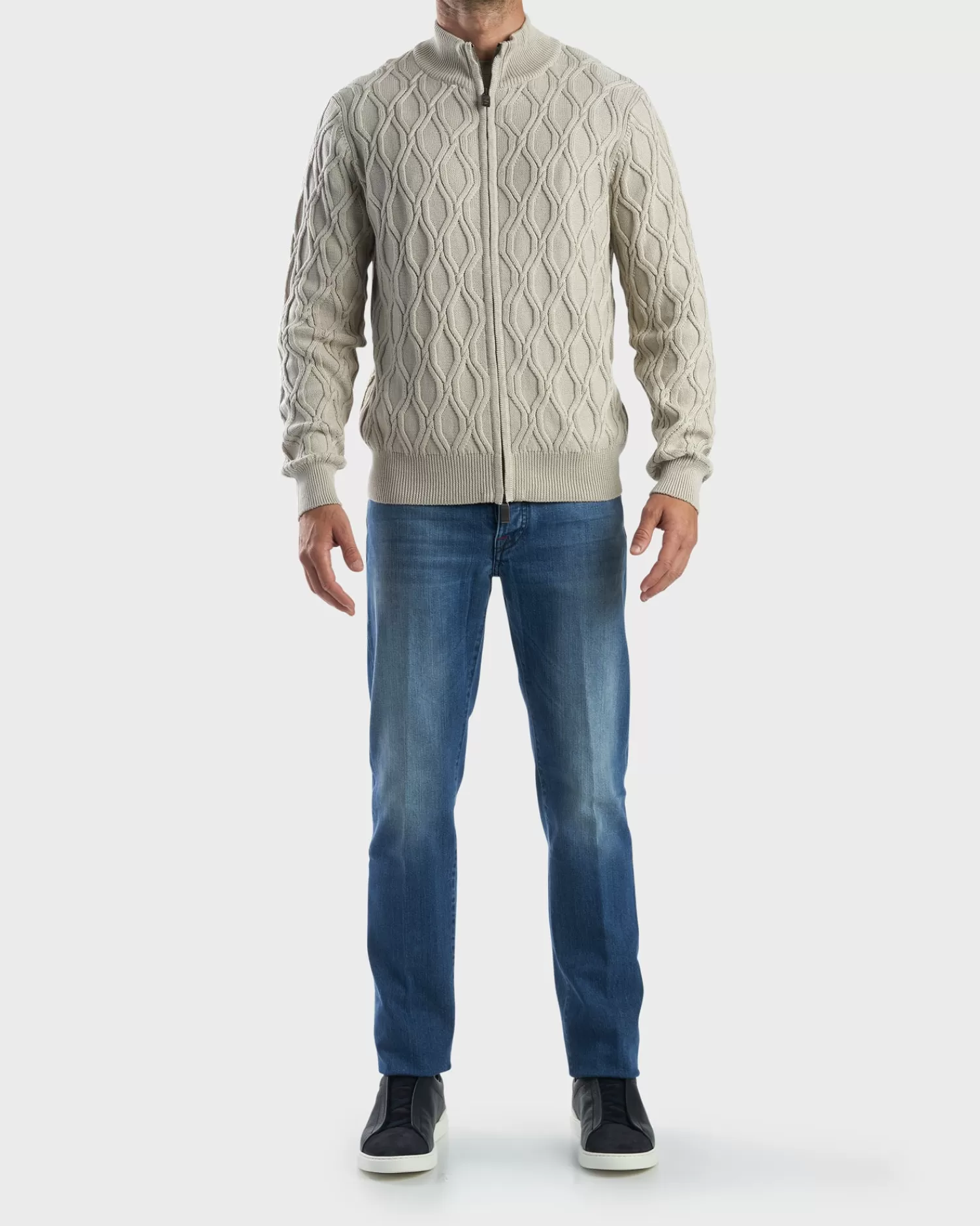 Canali Beige Cotton Cable Knit Cardigan^ Knitwear