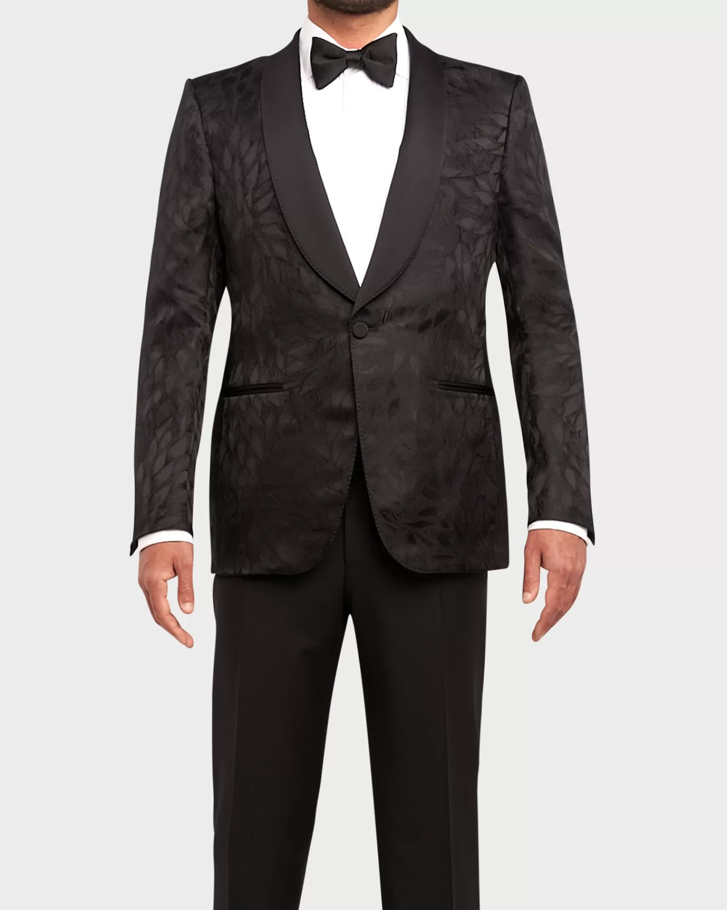 Zegna Black Silk Wool Shawl Collar Leaf Pattern Tuxedo Jacket^ Evening Wear