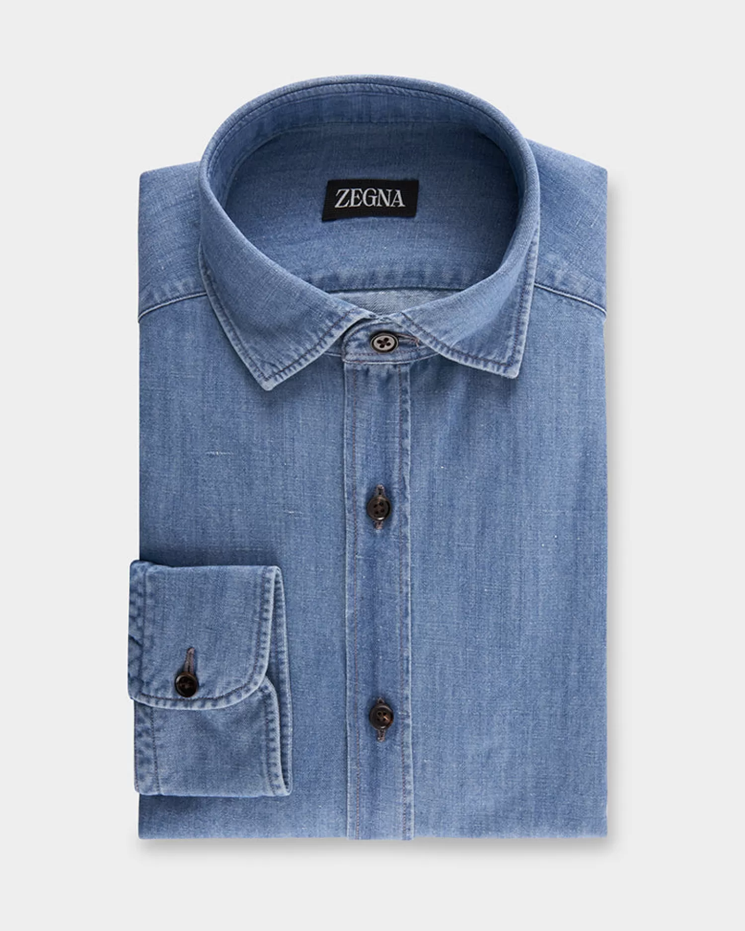 Zegna Blue Cotton Linen Denim Shirt^ Casual Shirts