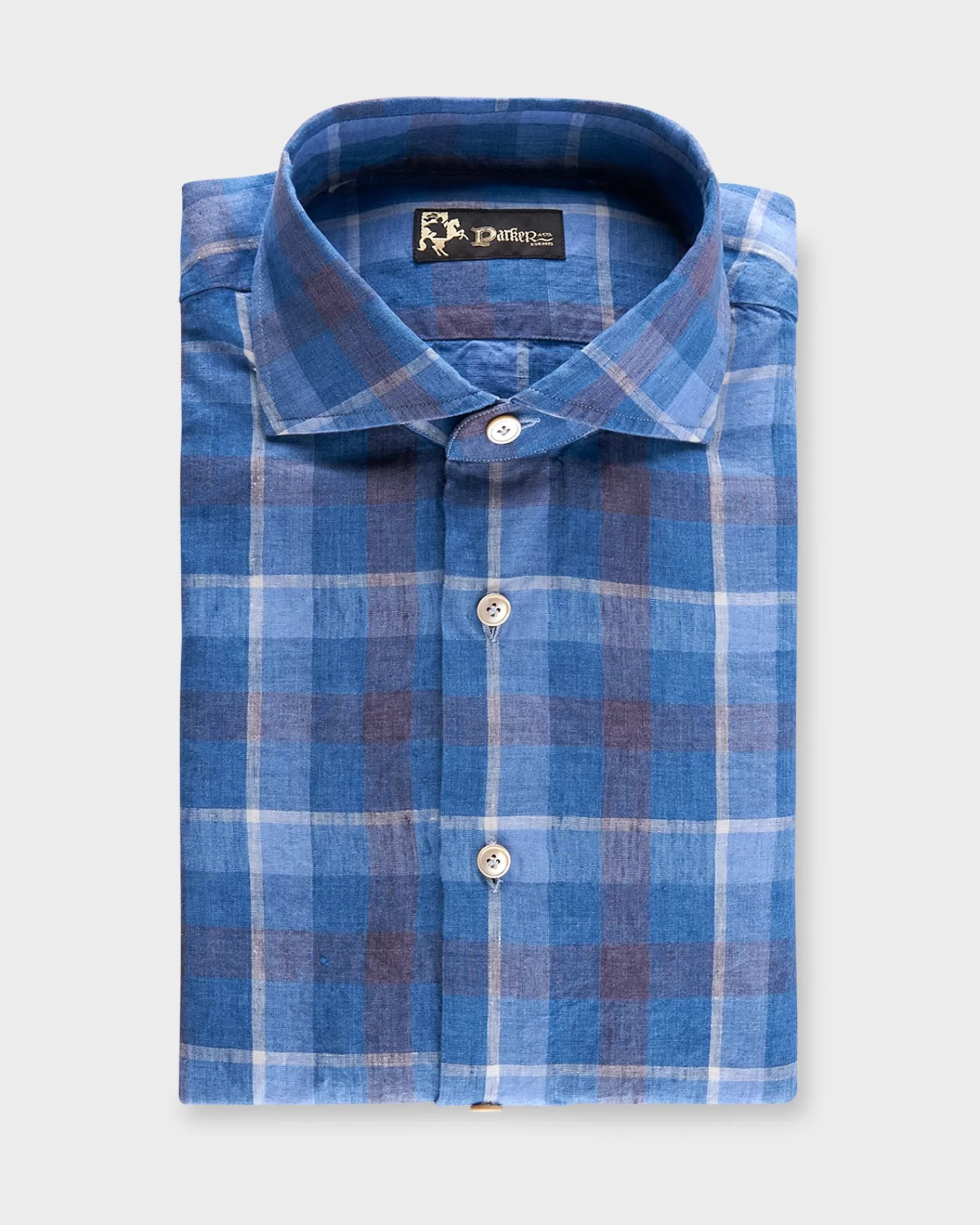 * Blue With Burgundy Check Washed Linen Shirt^ Casual Shirts