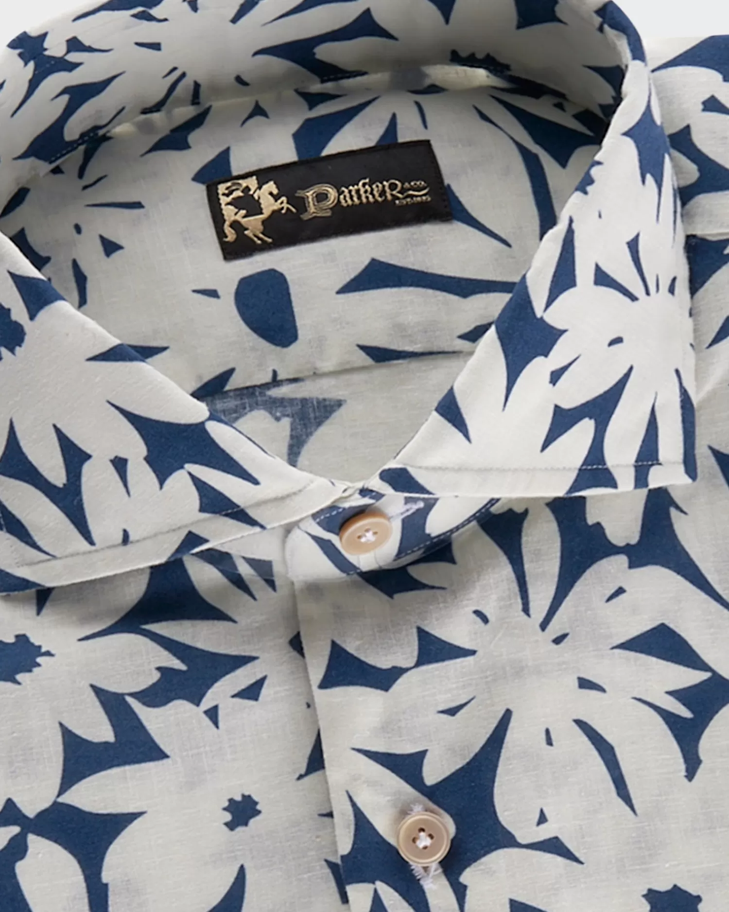 * Blue With White Flower Pattern Linen Shirt^ Casual Shirts