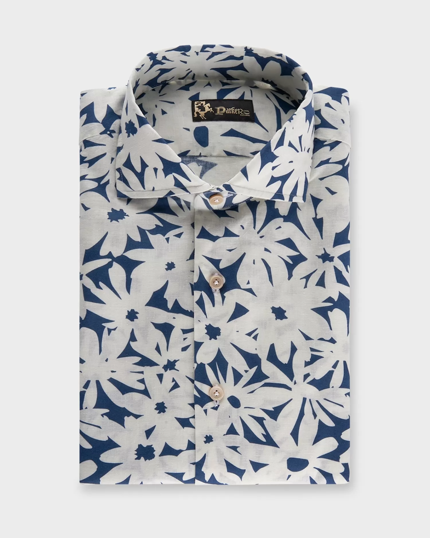 * Blue With White Flower Pattern Linen Shirt^ Casual Shirts