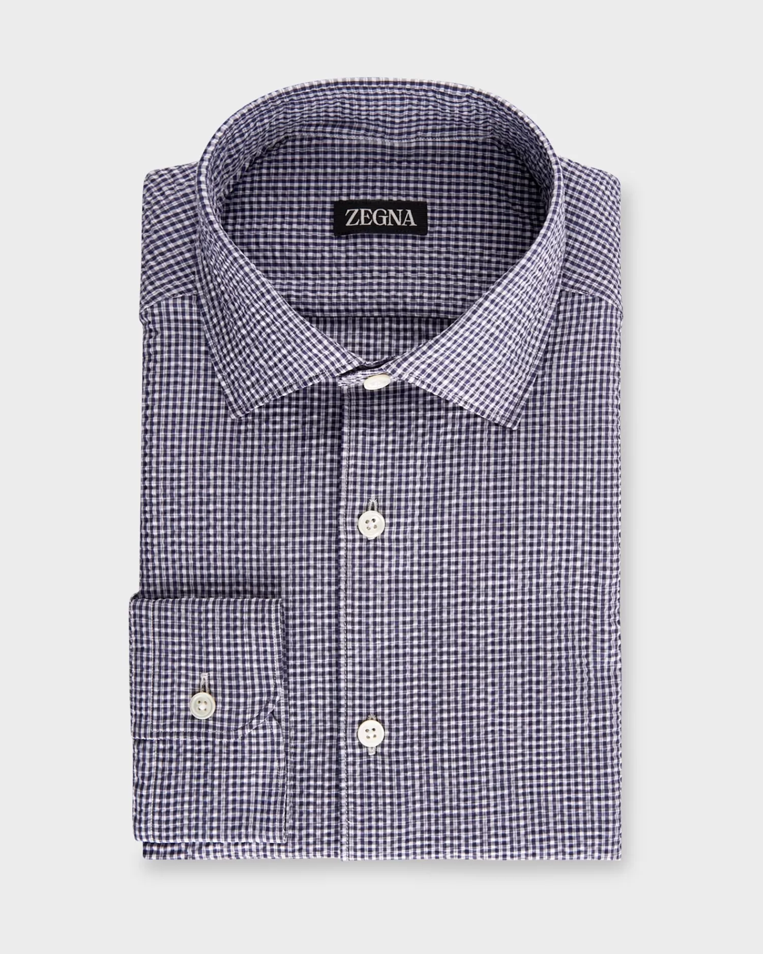 Zegna Navy And White Gingham Seersucker Cotton Shirt^ Casual Shirts