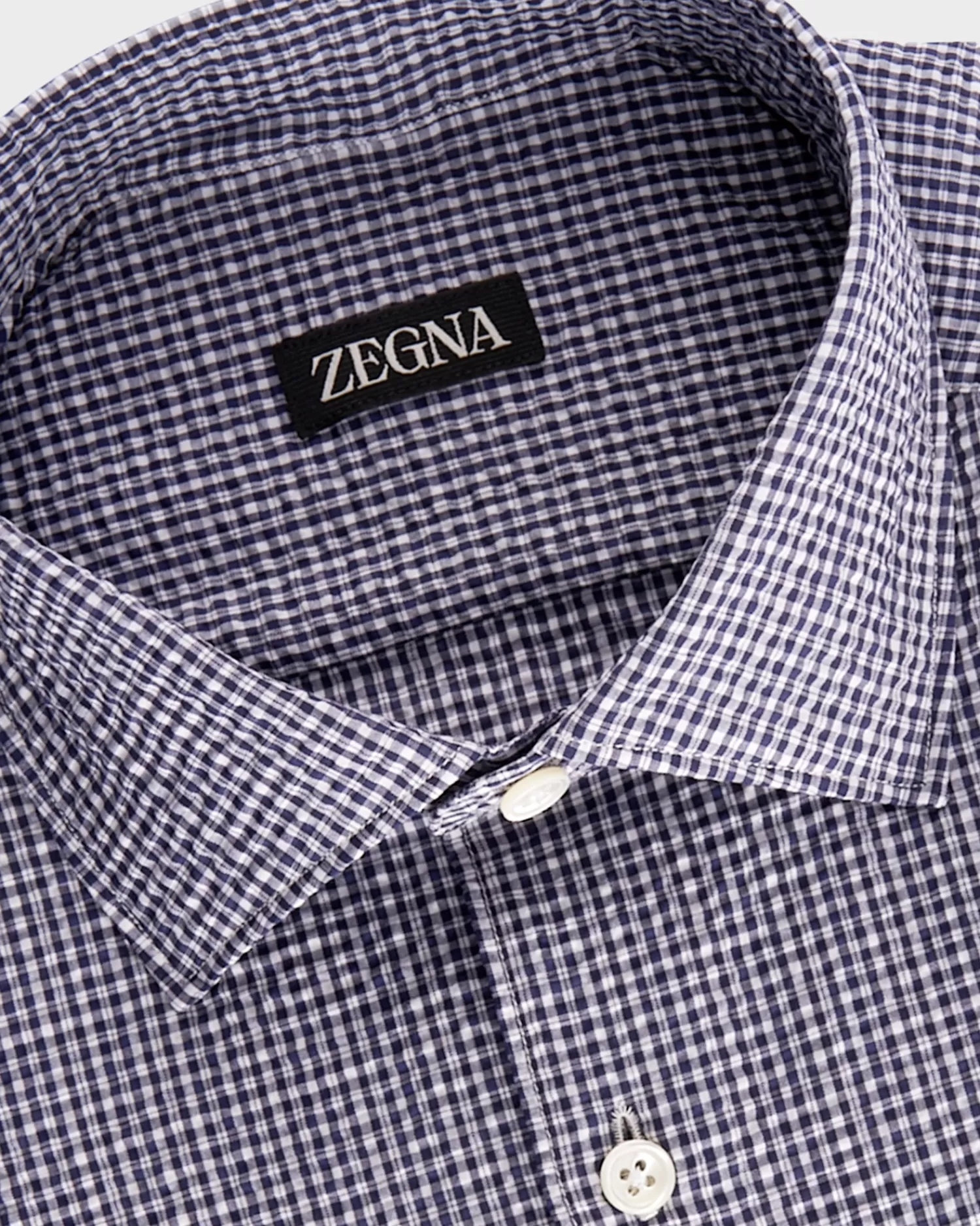 Zegna Navy And White Gingham Seersucker Cotton Shirt^ Casual Shirts