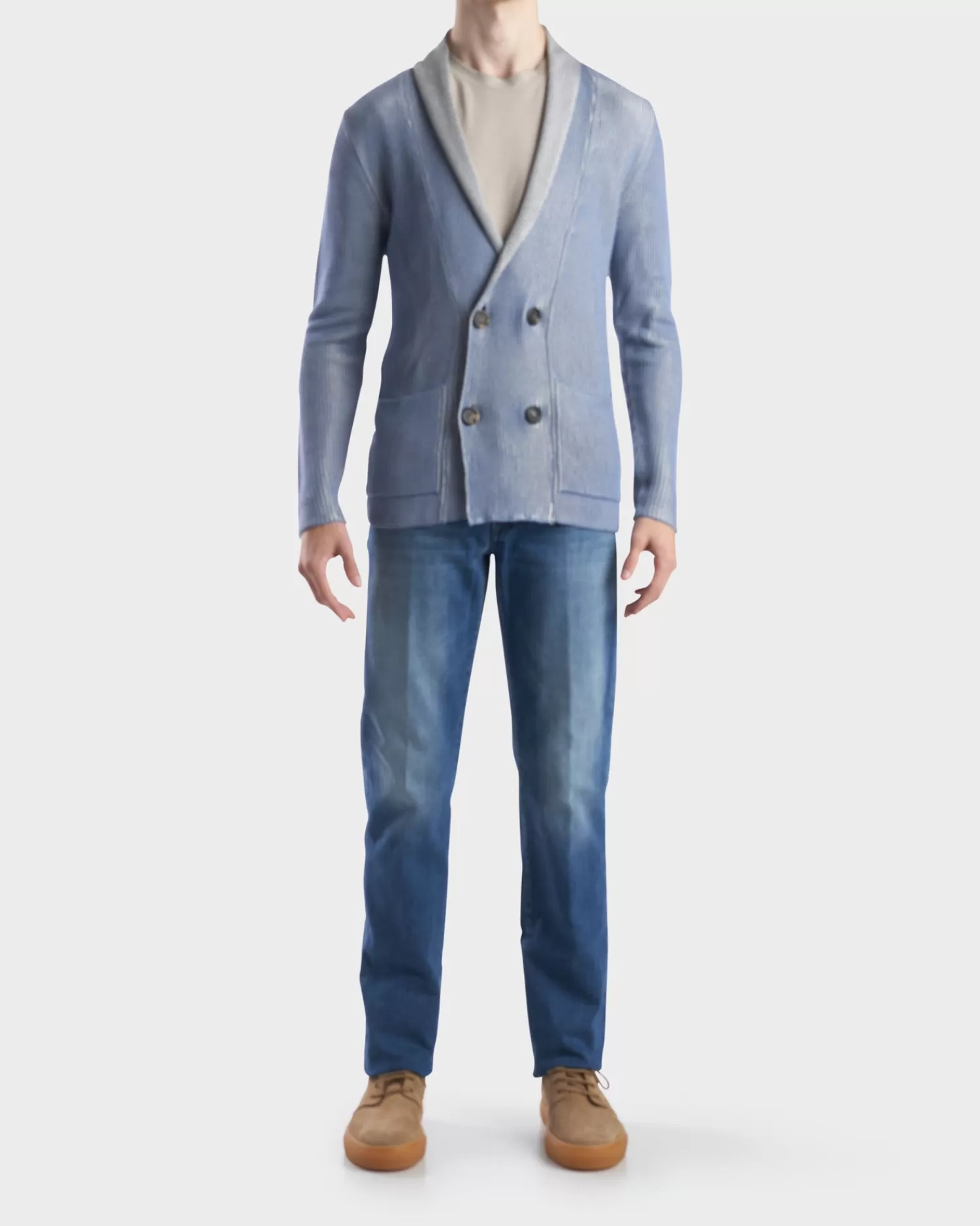 Canali Powder Blue Viscose Cotton Double Breasted Cardigan^ Coats And Jackets