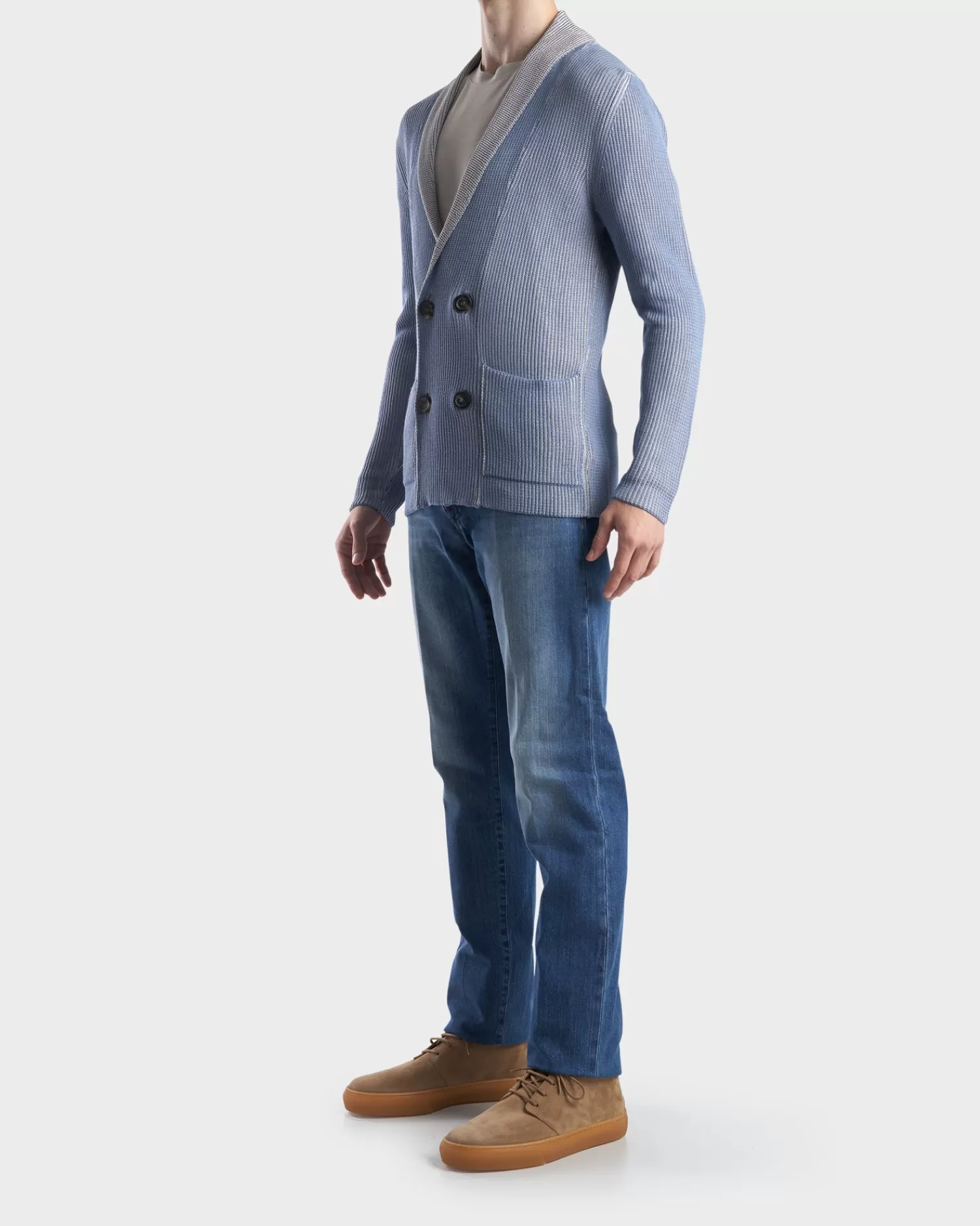 Canali Powder Blue Viscose Cotton Double Breasted Cardigan^ Coats And Jackets