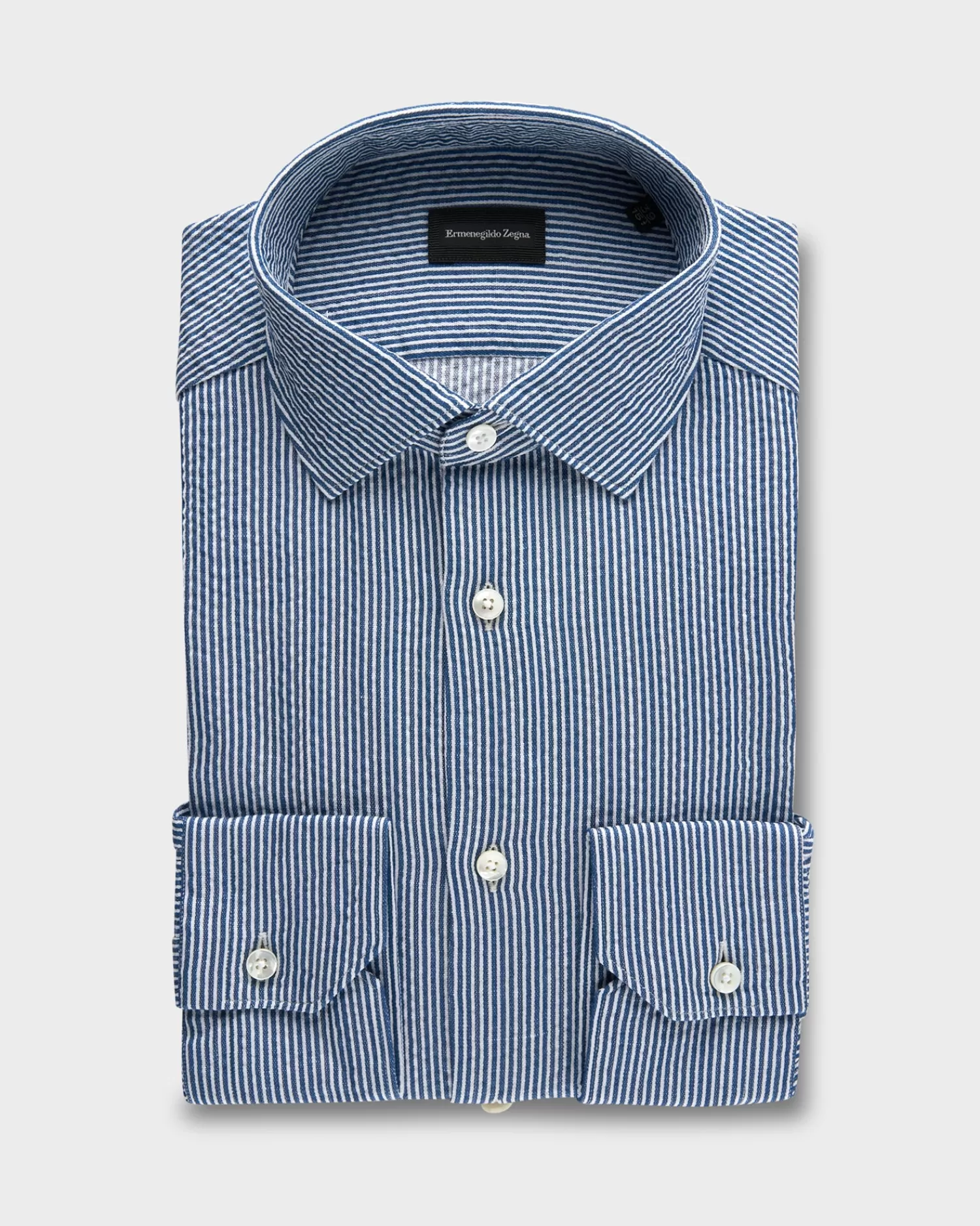 Ermenegildo Zegna Teal And White Pinstripe Cotton Linen Milano Shirt^ Casual Shirts