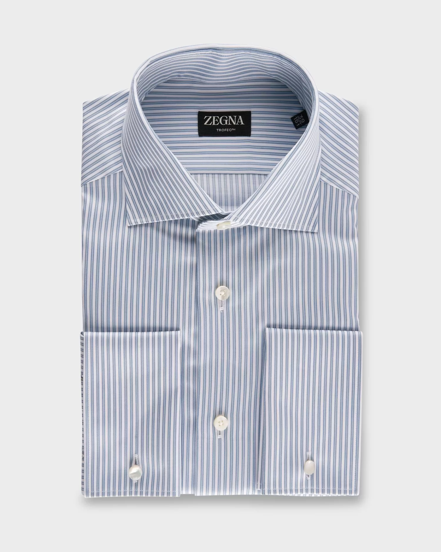 Zegna Teal And White Stripe Trofeo Cotton French Cuff Shirt^ Business Shirts